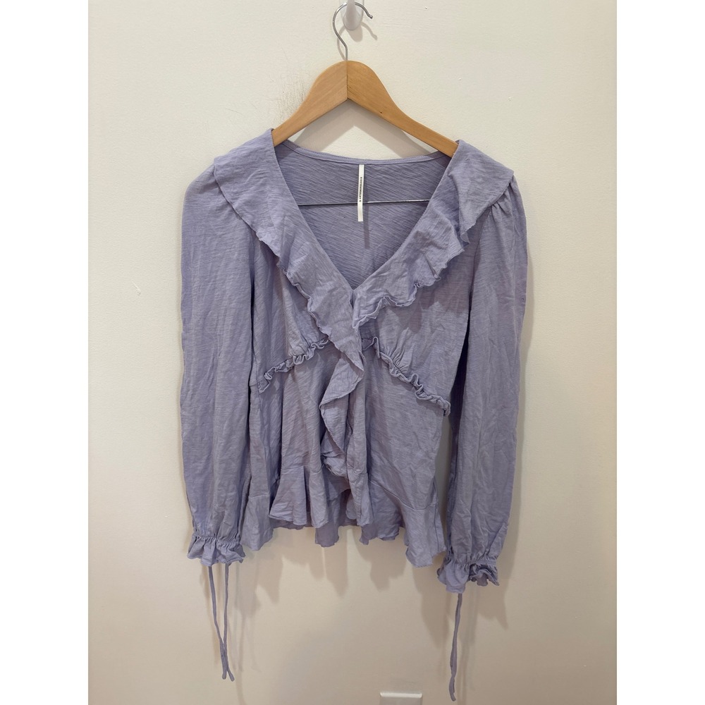 Anthropologie Lavender Purple Ruffle V-Neck Cotton Slub Peplum Blouse Top